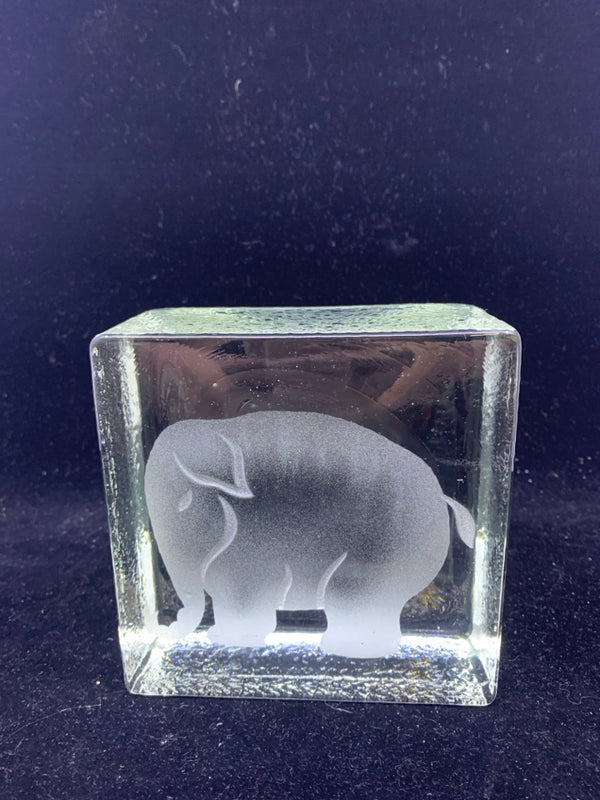 SQUARE ETCHED ELEPHANT PAPERWEIGHT.