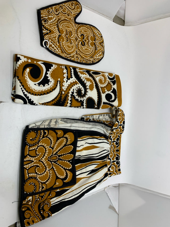 3 PC BROWN/BLACK PAISLEY PATTERN OVEN MITT APRON & KITCHEN TOWEL IN BAG.