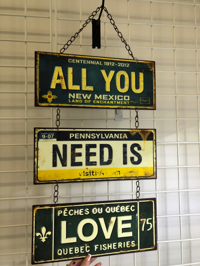 ALL YOU NEED IS LOVE LICENSE PLATE SIGNS WALL-HANGING.