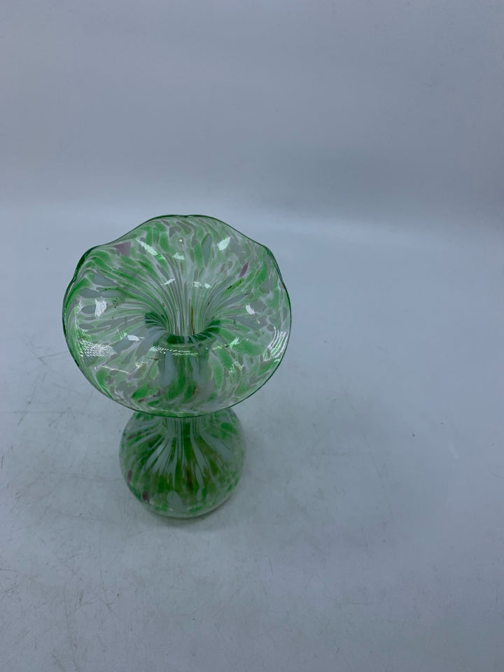 LIGHT GREEN BLOWN GLASS VASE W/ FLARED EDGE WHITE SPOTS.