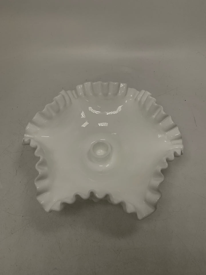 FOOTED MILK GLASS HOBNAIL W/ RUFFLED EDGE TAPERED CANDLE HOLDER.