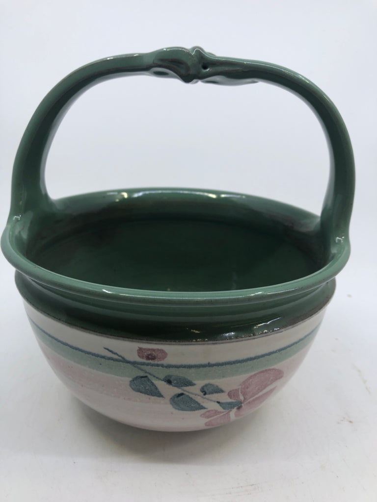VTG GREEN W FLORAL CERAMIC BASKET.