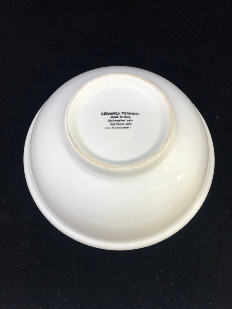 WHITE CERAMIC CENTERPIECE BOWL W/BLUE FLOWERS+GREEN&YELLOW DESIGN.