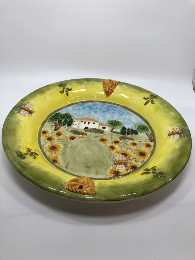 FARMHOUSE AND BEES EMBOSSED PLATTER.
