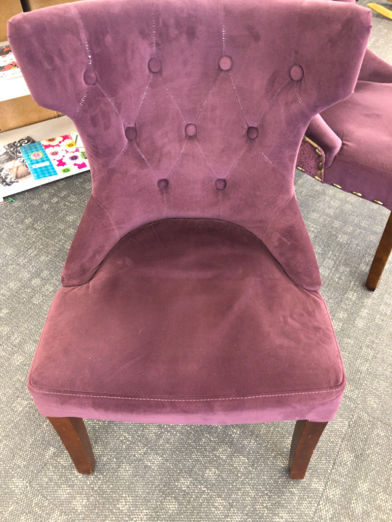2 MAROON SUEDED CHAIRS W/PAISLEY DESIGN ON BACK & WOOD LEGS.