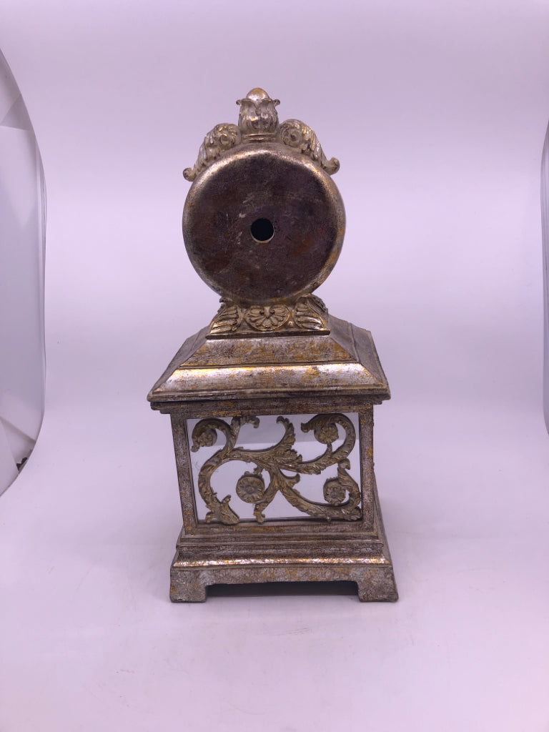 DISTRESSED RESIN GOLD FOOTED STORAGE BOX W/ CLOCK ON COVER.