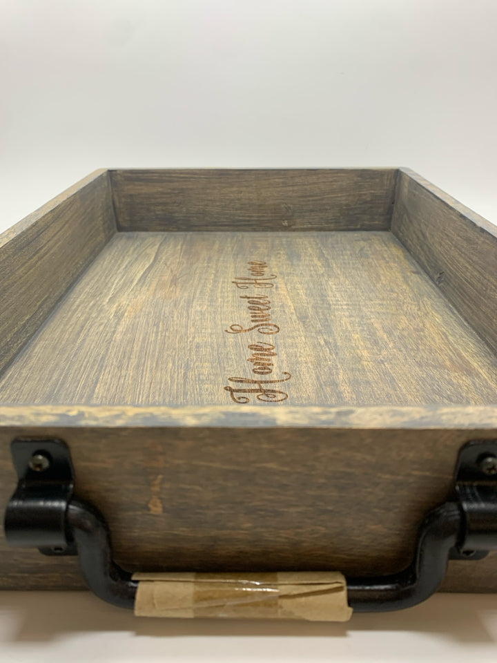 HOME SWEET HOME WOOD TRAY W/METAL HANDLES.
