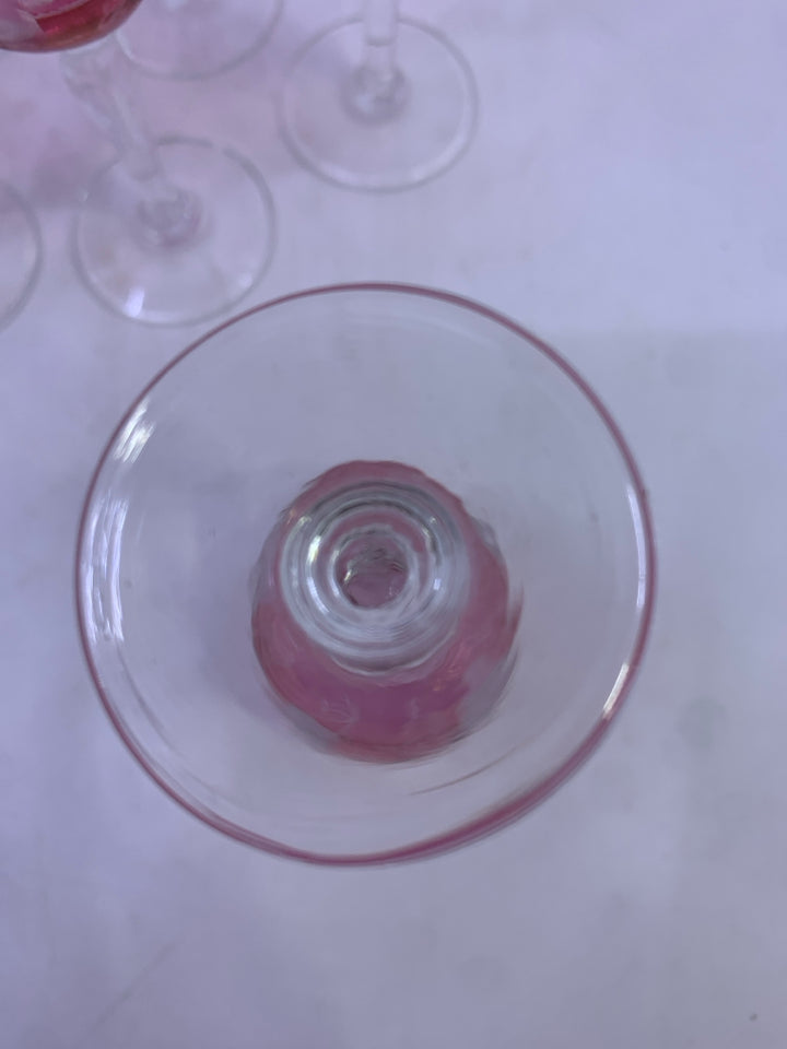 8 PINK CORDIAL GLASSES W/EMBOSSED GRAPES.