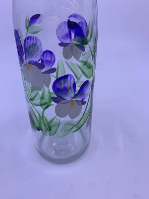 PURPLE AND WHITE FLORAL PAINTED OIL DISPENSER.