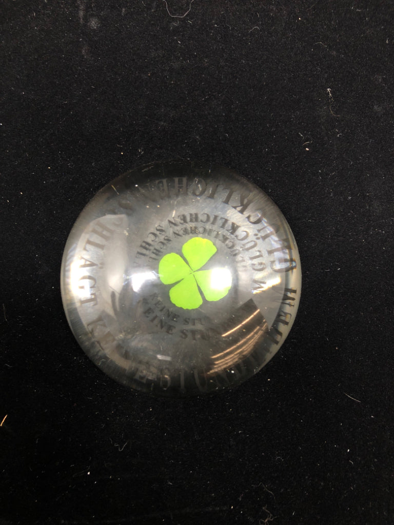 PRESERVED FOUR LEAF CLOVER W/IRISH WRITING PAPER WEIGHT.