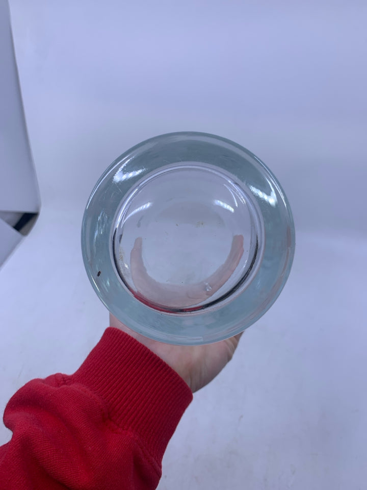 HEAVY BOTTOM GLASS VASE W/ ETCHED LEAVES FLARED TOP.