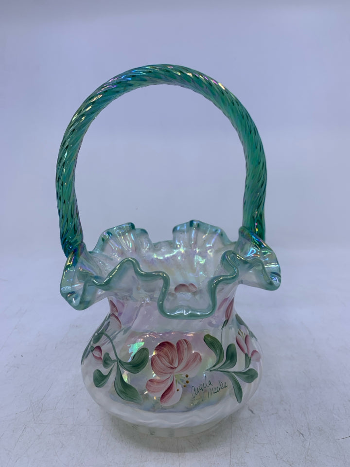 90TH ANNIVERSARY OPALESCENT SPIRAL OPTIC BASKET PAINTED FLOWERS.