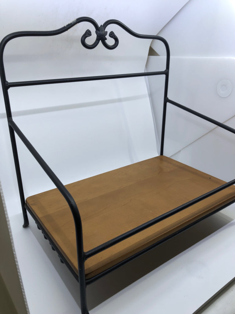 BLACK WROUGHT IRON SHELF W/ LONGABERGER WOOD SHELF.