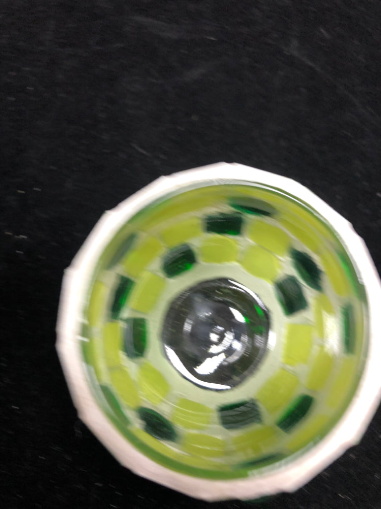 GREEN MOSAIC VOTIVE CANDLE HOLDER.