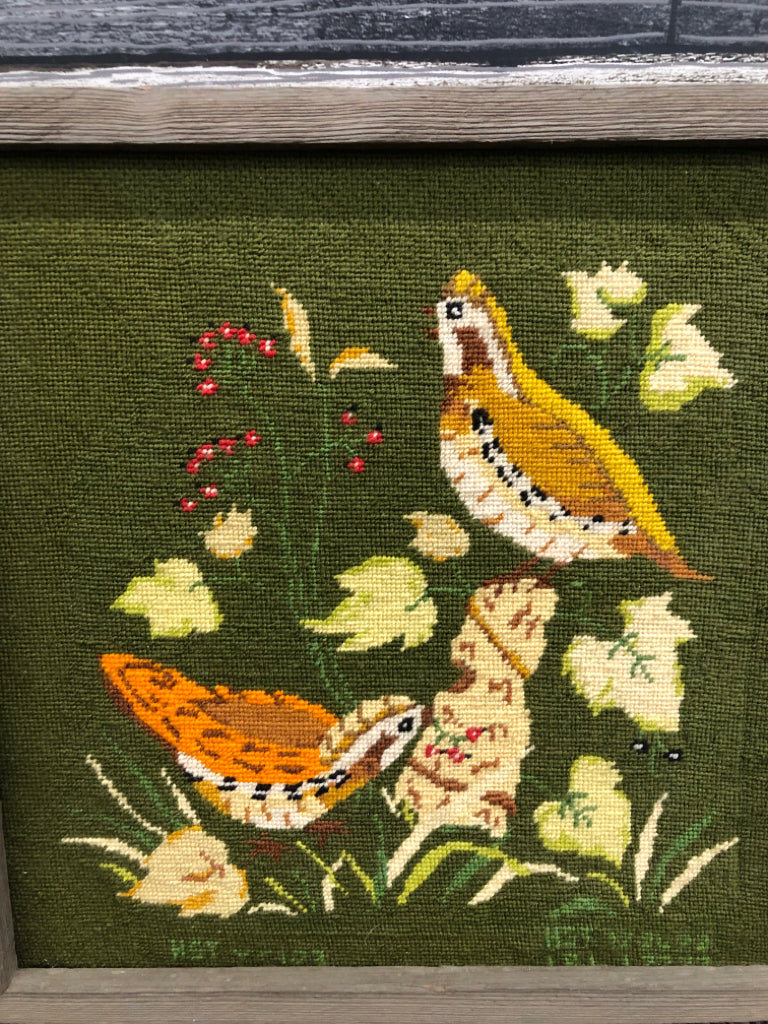VTG ORANGE BIRD FRAMED NEEDLEPOINT.