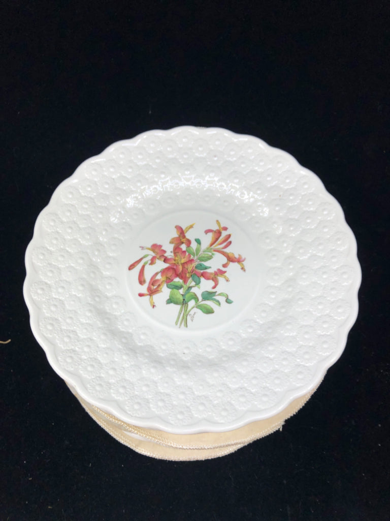VTG 13 WHITE EMBOSSED FLORAL PLATES.