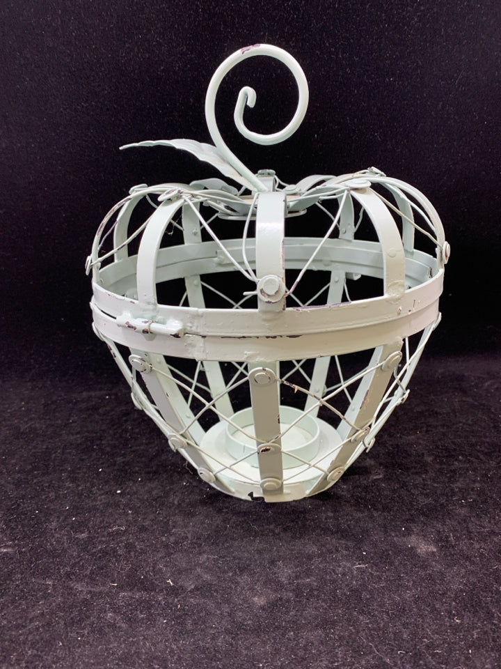 SAGE GREEN METAL APPLE SHAPED LANTERN CANDLE HOLDER.