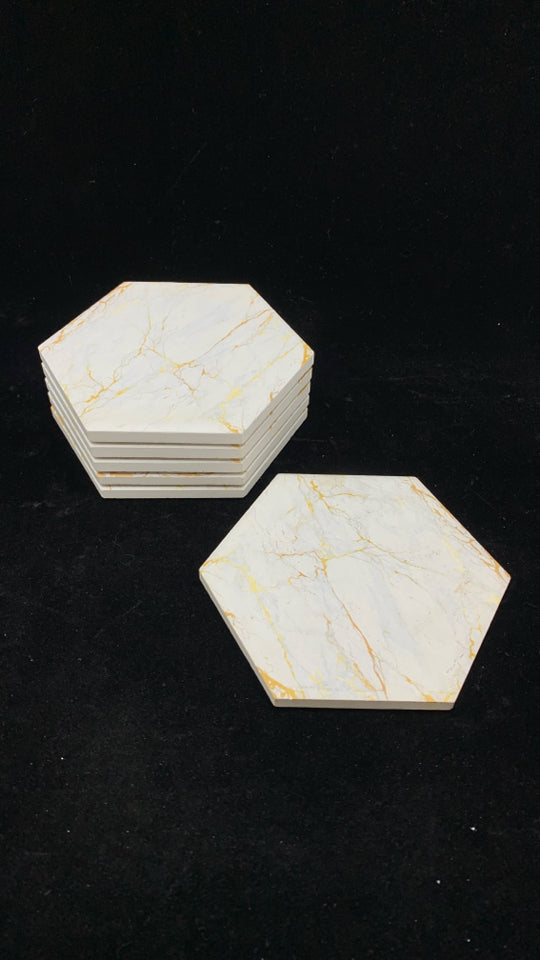 6PC GOLD PAINTED MARBLED COASTERS.