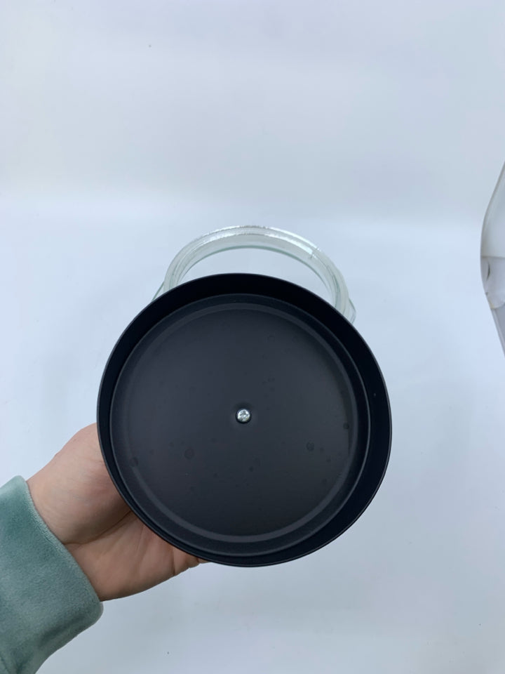 OCTAGON GLASS CANISTER W/ BLACK METAL LID.