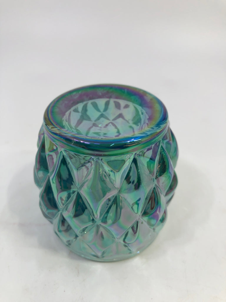 IRIDESCENT TEAL GLASS TOOTHPICK HOLDER.