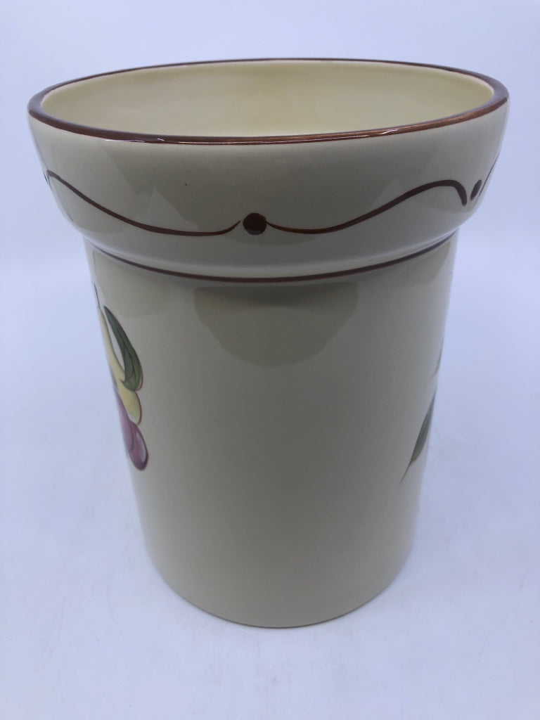 YELLOW FRUIT PAINTED UTENSIL CROCK.