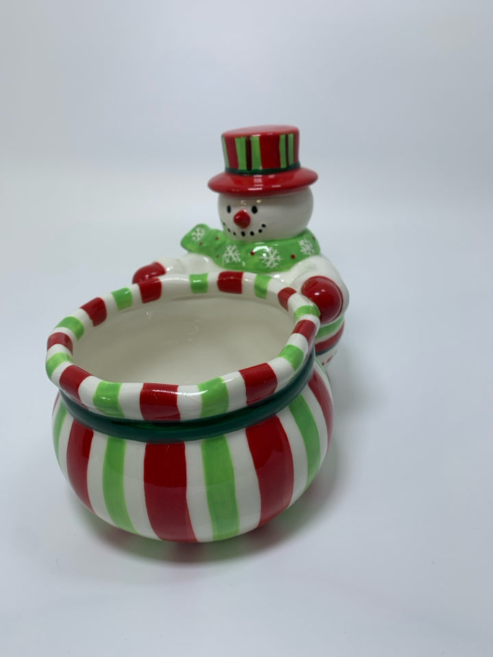 CERAMIC SNOWMAN HOLDING STRIPED SACK CANDY DISH.