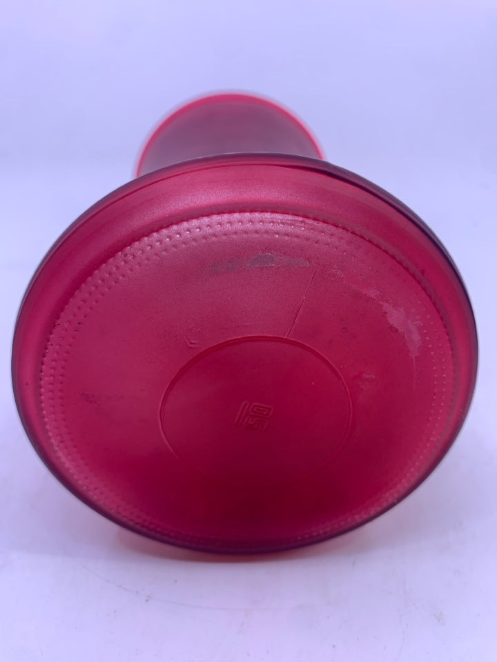 RED FROSTED HOUR GLASS SHAPED VASE.