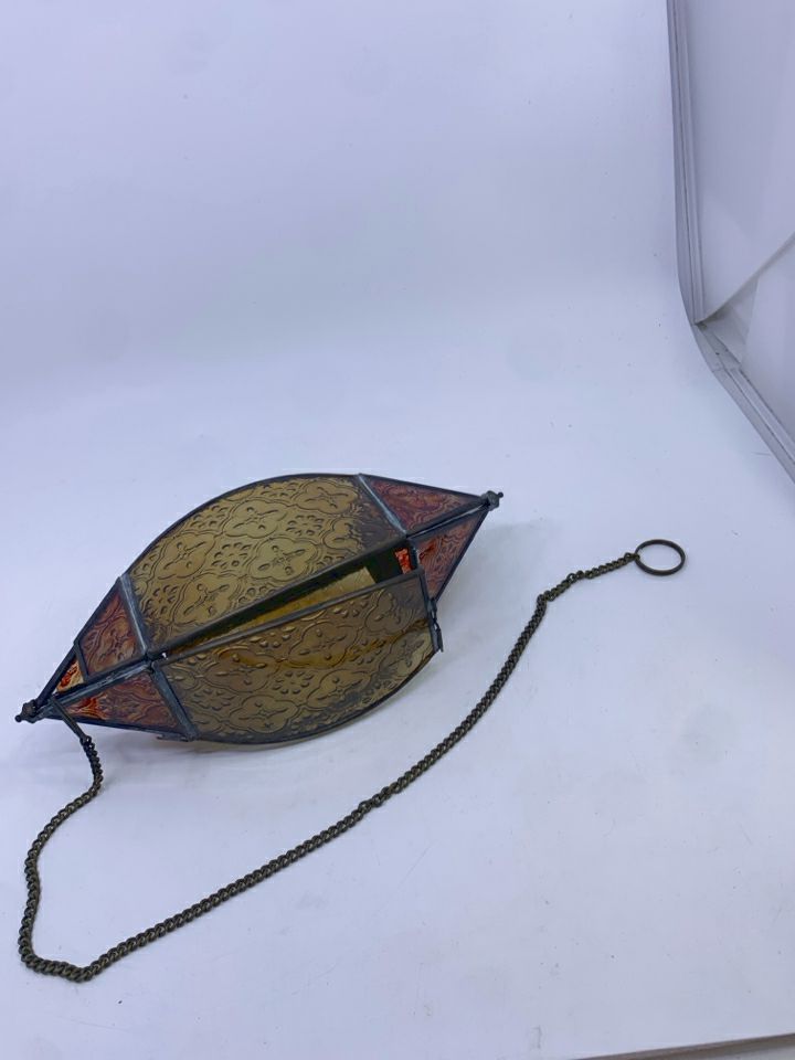 HANGING BROWN GLASS TEA LIGHT HOLDER W/CHAIN.