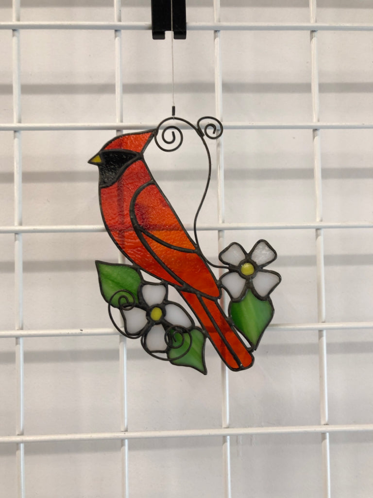 STAINED GLASS CARDINAL HANGING.