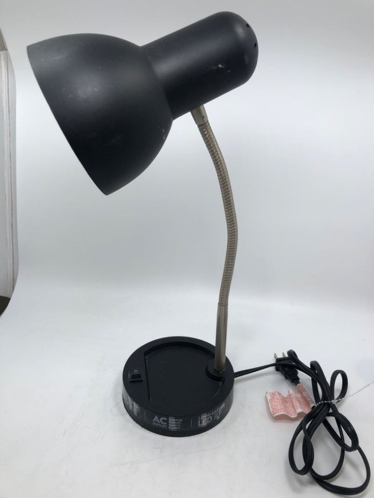 LED BLACK PLASTIC DESK LAMP W/OUTLET PORT.