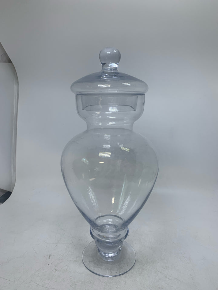 TALL GLASS APOTHECARY JAR.