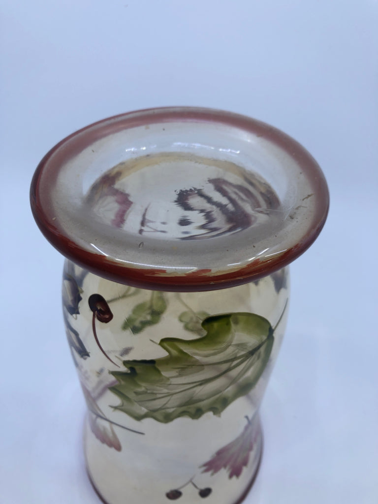 LEAF PAINTED GLASS VASE.