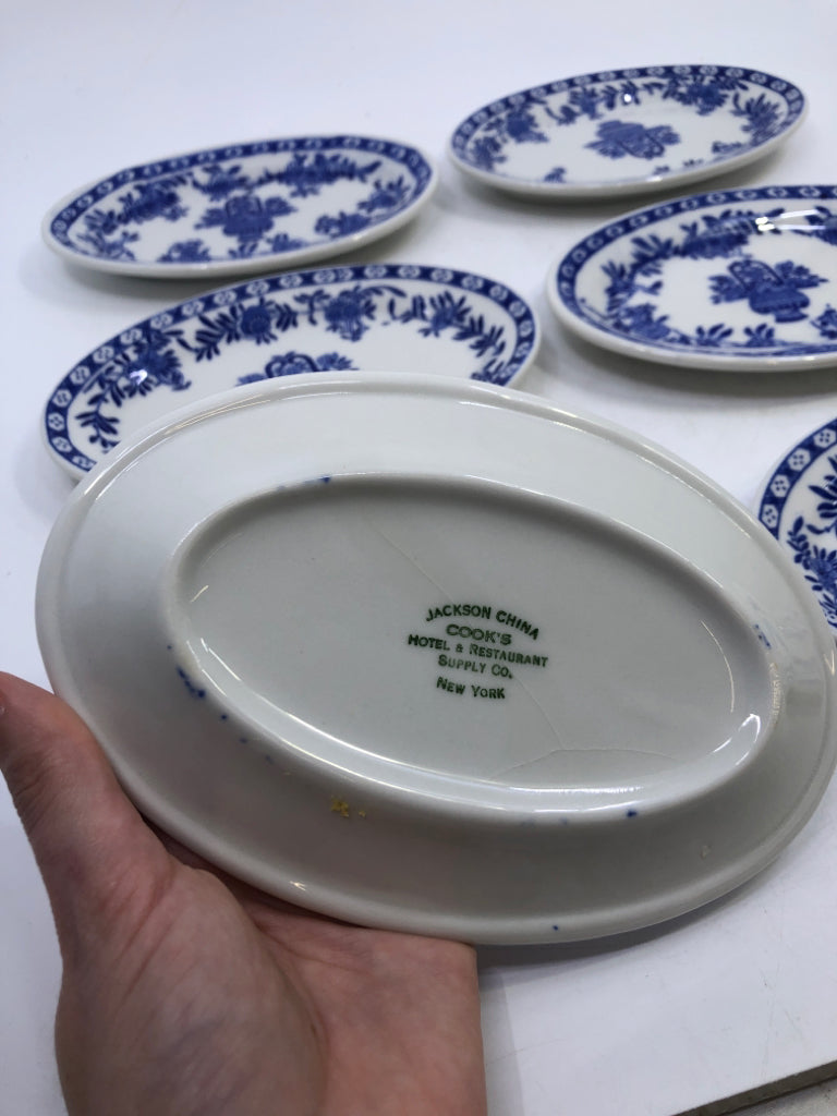 6 WHITE & BLUE SMALL PLATES W/FLORAL DESIGN JACKSON CHINA COOKS.