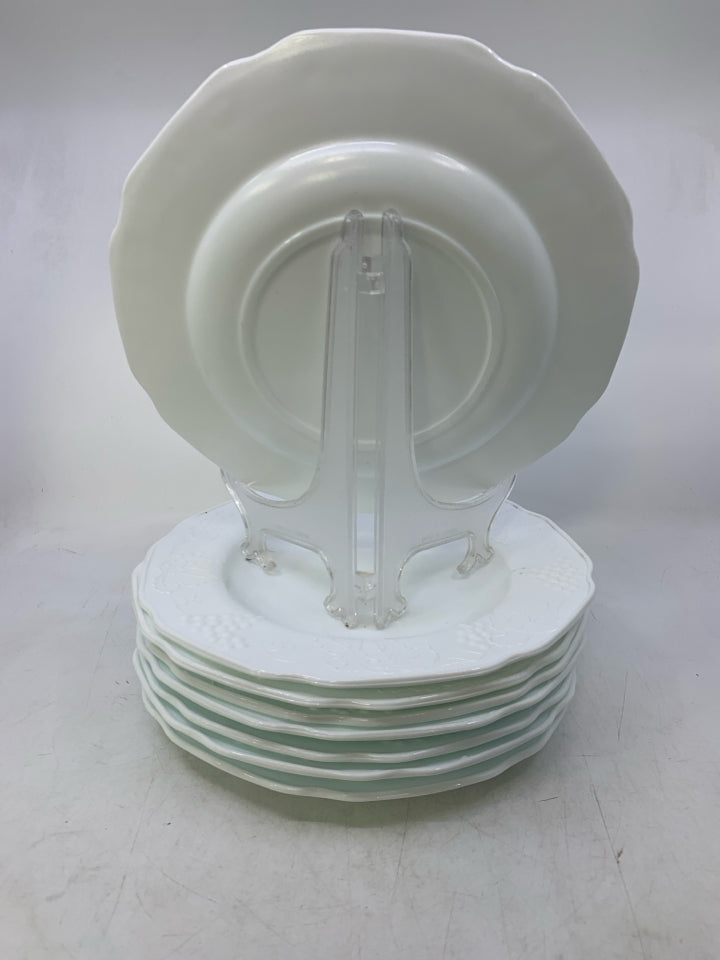 8 WHITE GLASS DINNER PLATES W/ EMBOSSED GRAPES,LEAVES.