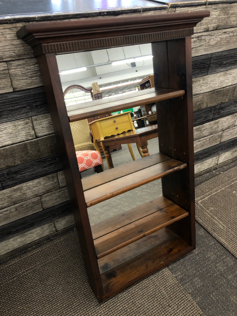 WOODEN SHELF W/MIRROR BACK&3 SHELVES WALL HANGING.