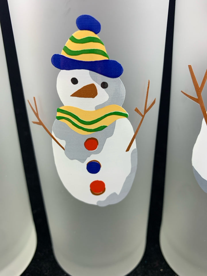 4 TALL FROSTED GLASSES W/ SNOWMEN.