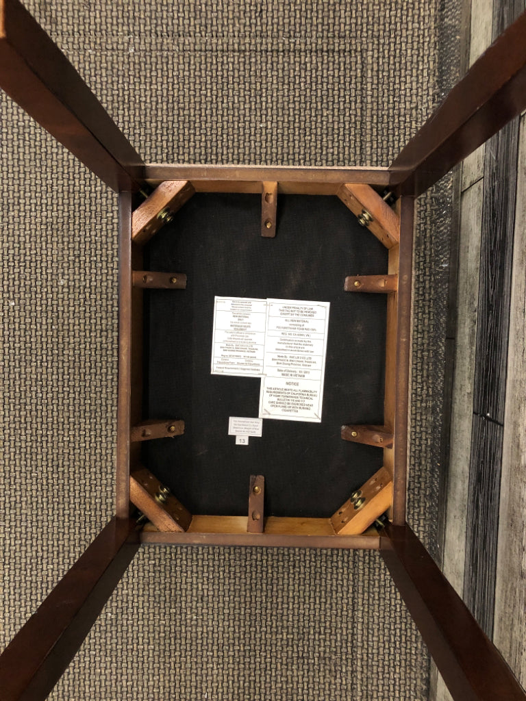 DARK WOOD LEG OTTOMAN/ STOOL W TAN CUSHION.