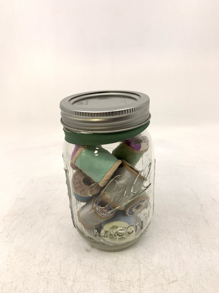MASON JAR W/ ASSORTED THREAD.
