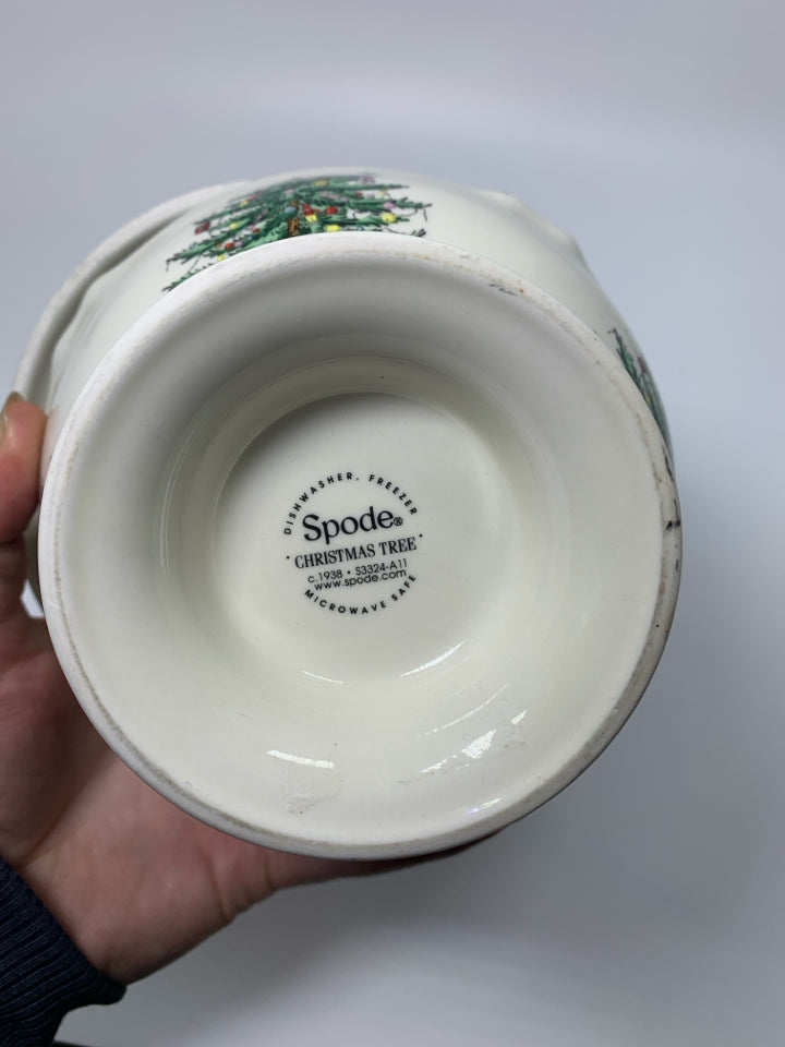 FOOTED SPODE CHRISTMAS TREE COVERED CANDY DISH W/ PIERCED LID.