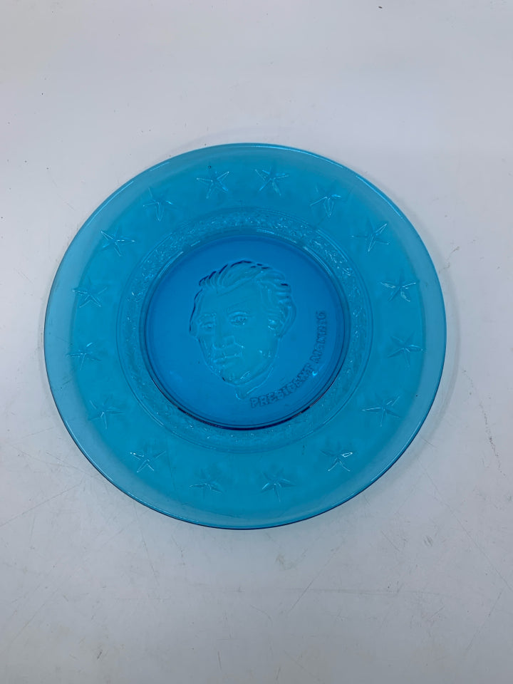LIGHT BLUE GLASS EMBOSSED PRESIDENT MONROE DECORATIVE PLATE.