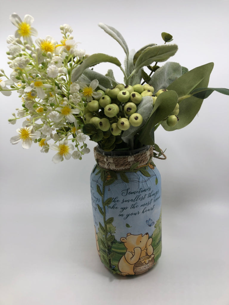 WINNIE THE POOH MASON JAR W/FAUX FLOWERS+BERRIES.
