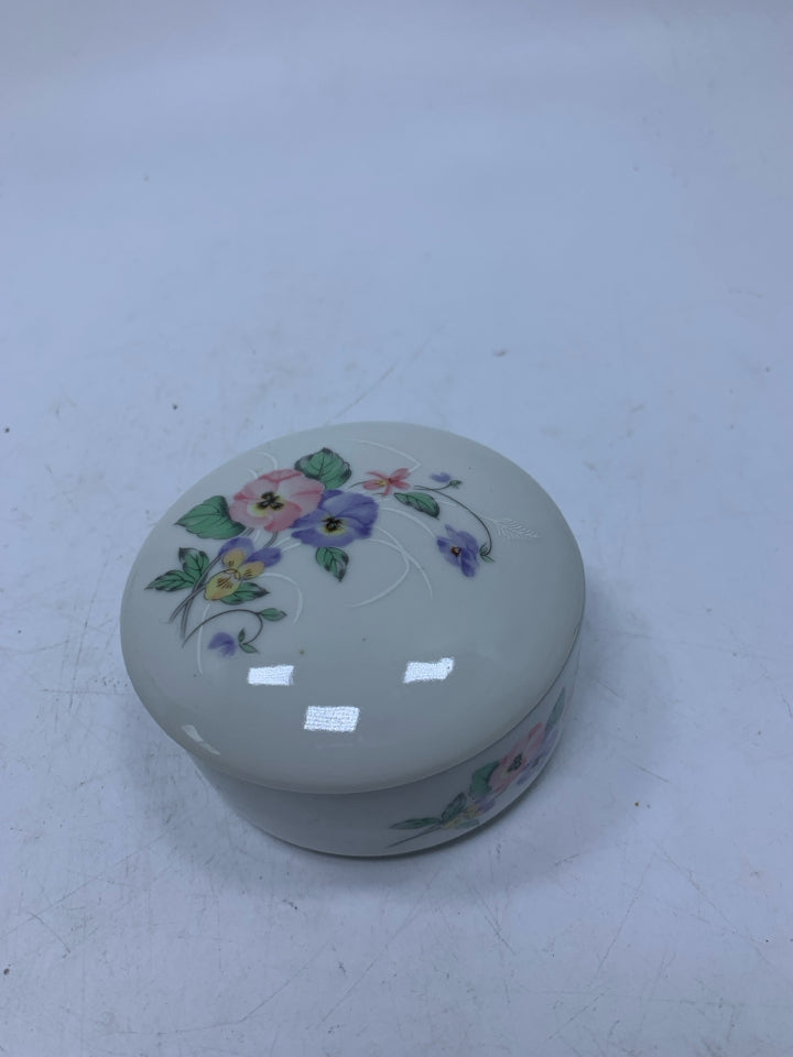 PINK & PURPLE FLOWERS ROUND TRINKET BOX.