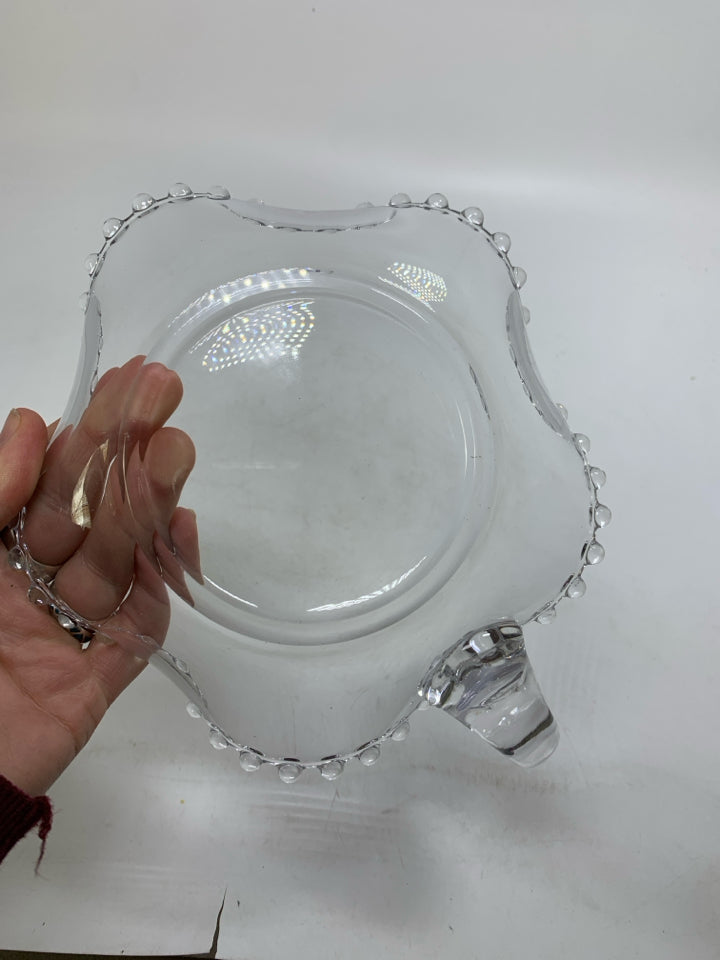 SHALLOW CLEAR GLASS CANDY DISH W/ BEADED RUFFLE EDGE & HANDLES.