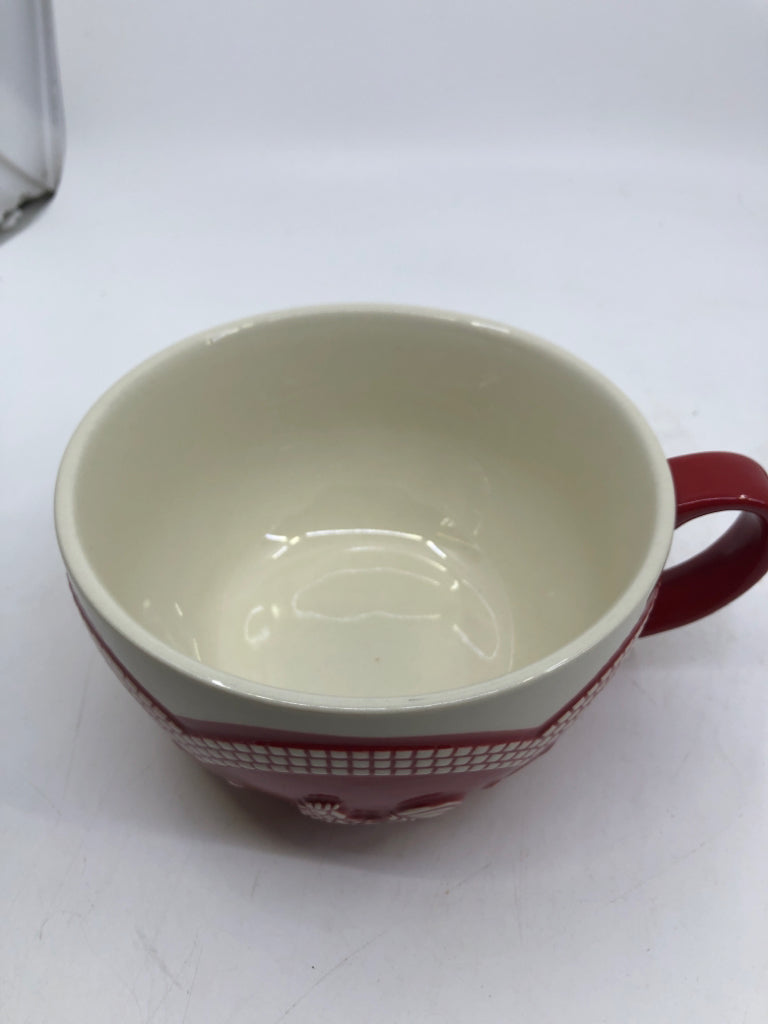 2 PC RED/CREAM COFFEE MUG AND SAUCER ROOSTER.