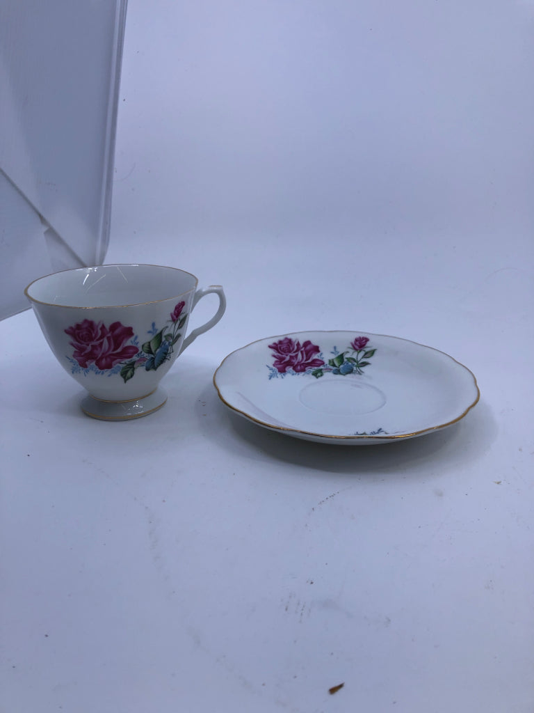 PINK ROSE, GREEN LEAVES TEACUP AND SAUCER.