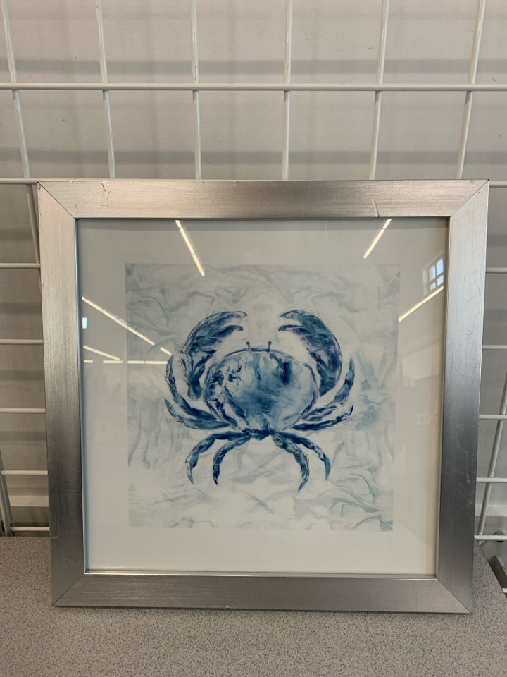 BLUE CRAB PRINT IN SILVER FRAME.