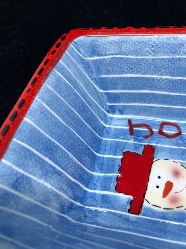 SMALL SQUARE SNOWMAN "JOY" DISH.