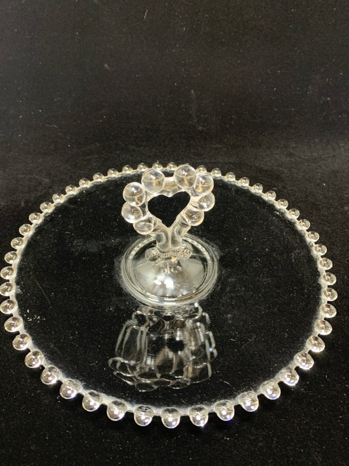 VTG CUT GLASS TRAY W/BEADED EDGE AND HEART HANDLE.