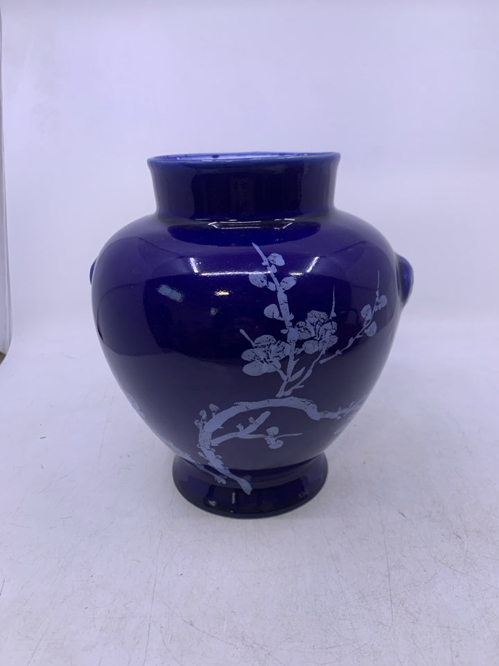 FOOTED COBALT BLUE VASE W/ WHITE CHERRY BLOSSOM BRANCH.