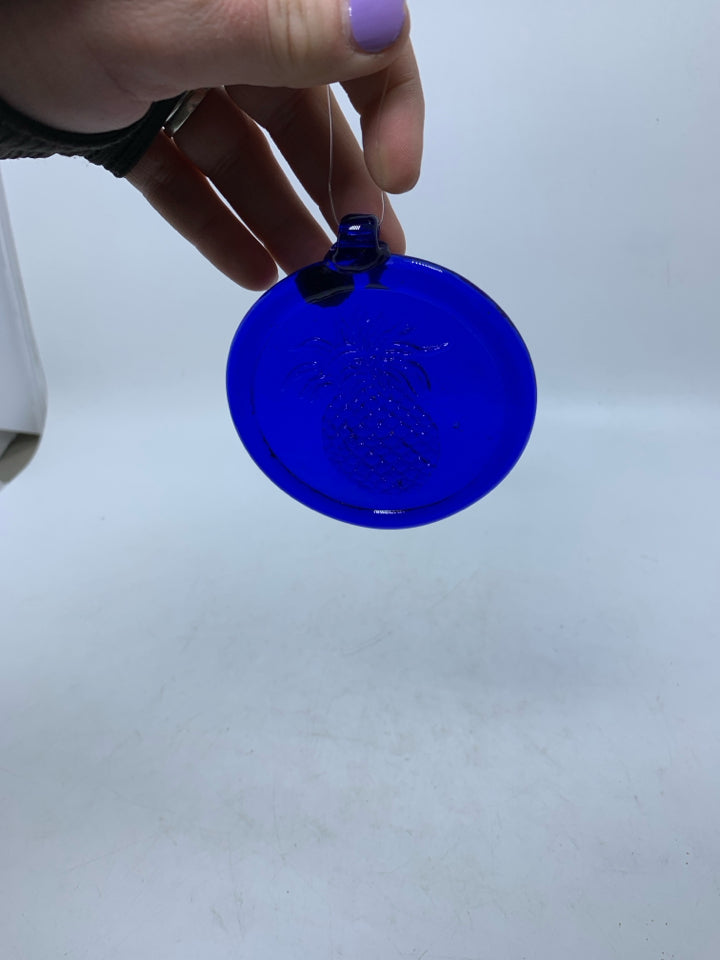 COBALT BLUE GLASS CIRCLE EMBOSSED PINEAPPLE.